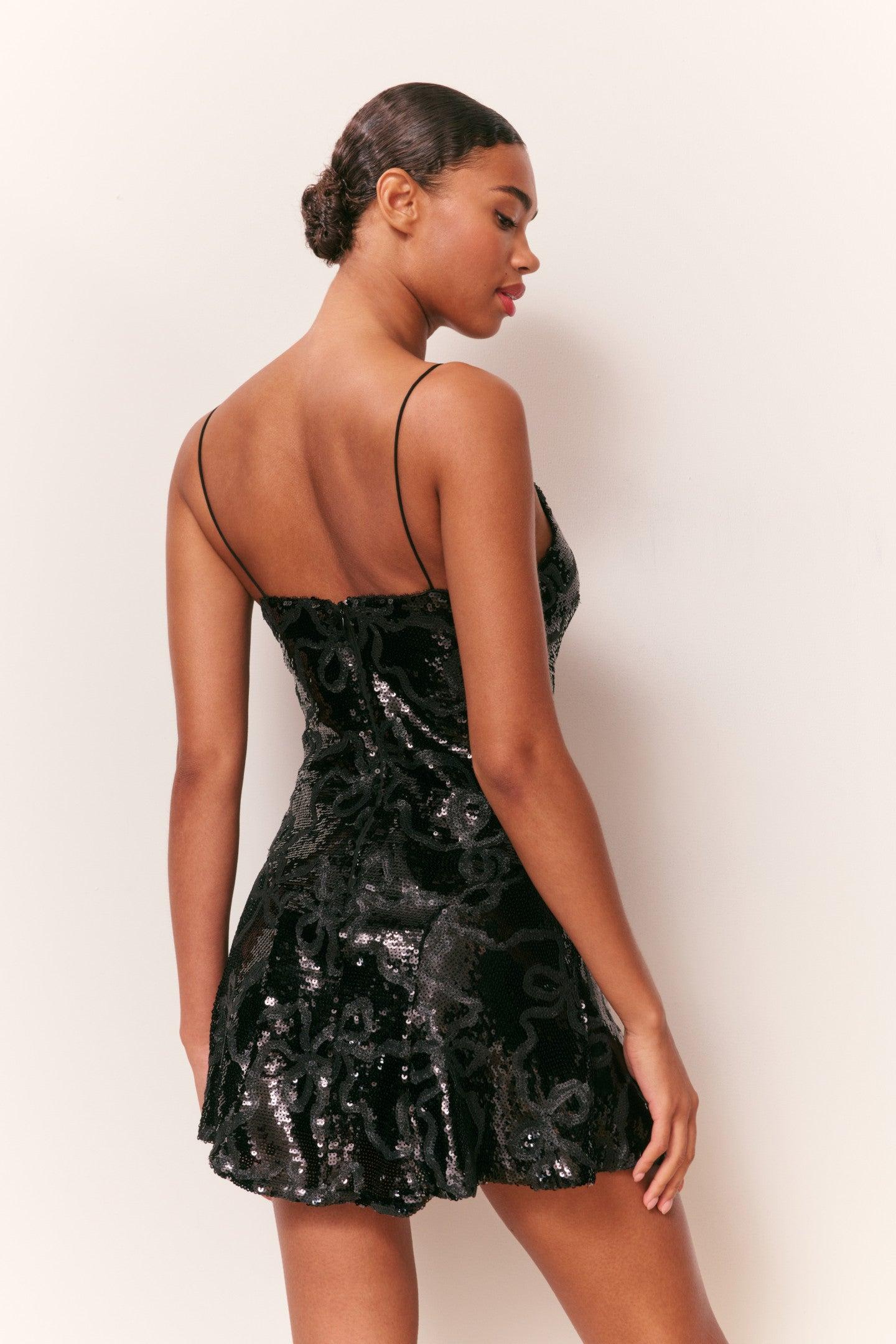 Sabeline Sequin Winding Bow Mini Dress - BLACK Product Image