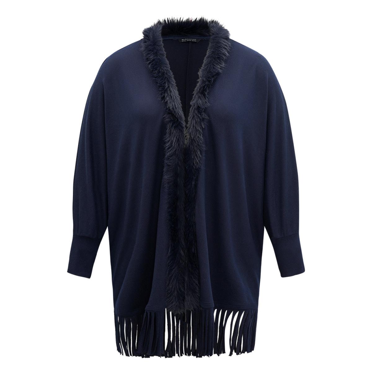 Plus Size Plain Fringe Hem Fuzzy Trim Kimono Women Indigo Elegant Tassels Dailywear Kimonos BloomChic 10/M Product Image