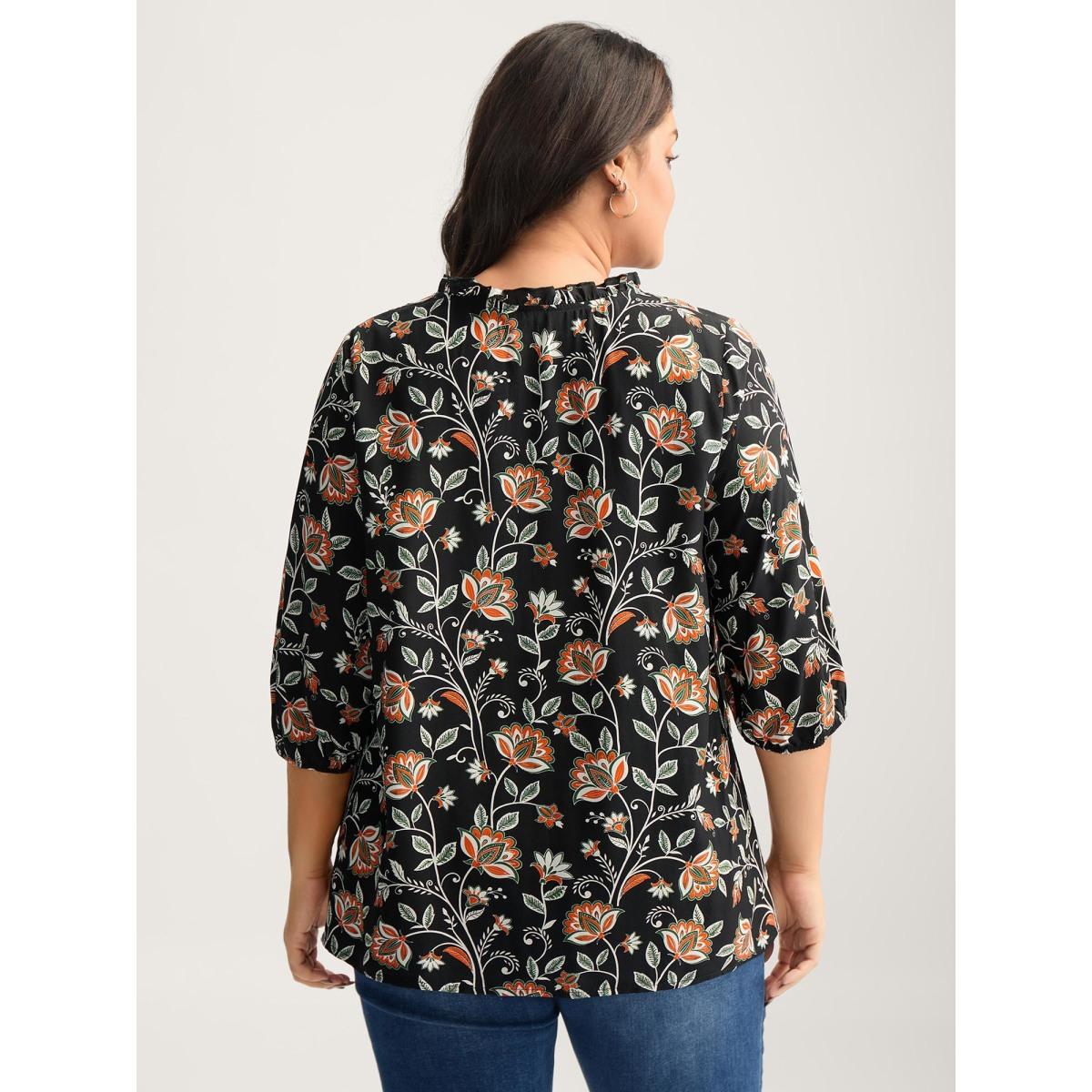 Plus Size Multicolor Floral Toothpick Pleats Flowy Blouse Women Elbow-length sleeve Notched collar Vacation Blouses BloomChic 26/4X Product Image