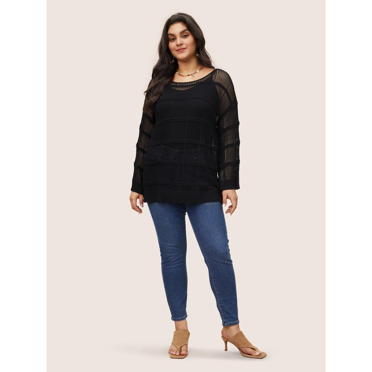 Plus Size Striped Hollow Out Bell Sleeve Pullover Black Women Casual Long Sleeve Round Neck Everyday Pullovers BloomChic 30/6X Product Image