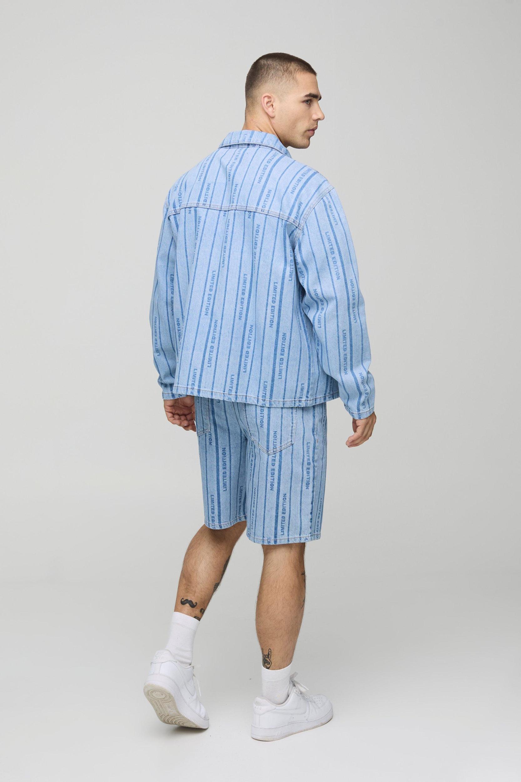 Relaxed Laser Print Striped Jean Shorts | boohooMAN USA Product Image