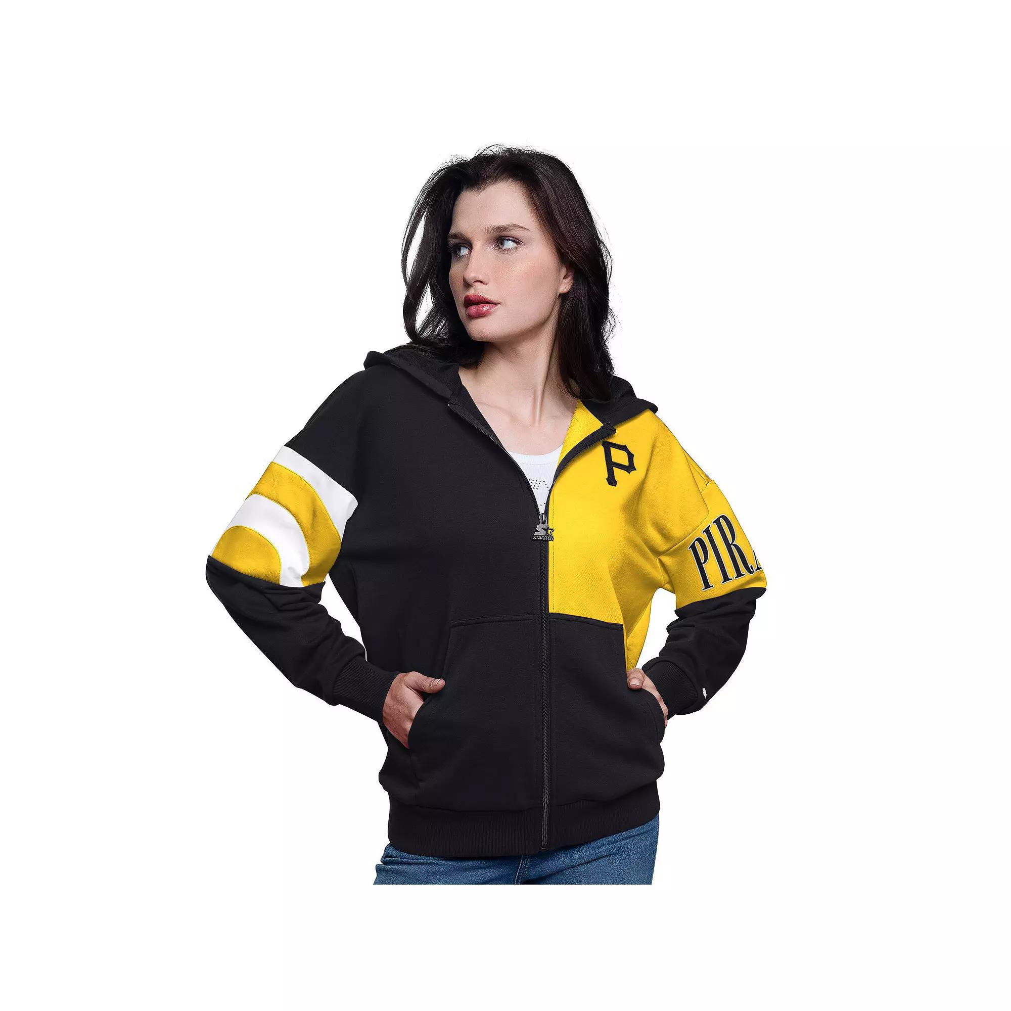 Women's Starter Black/Gold Pittsburgh Pirates Curve Ball Full Zip Hoodie Sweatshirt, Size: XL Product Image