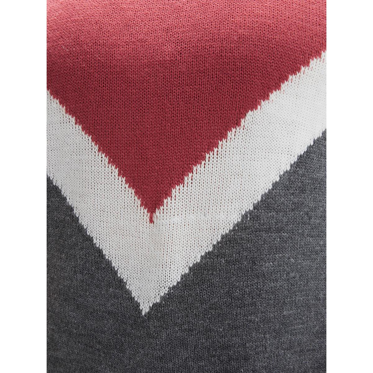 Plus Size Colorblock Contrast Pointelle Knit Round Neck Mid Long Knit Top Burgundy Women Casual Loose Long Sleeve Round Neck Everyday Pullovers BloomChic 26/4X Product Image