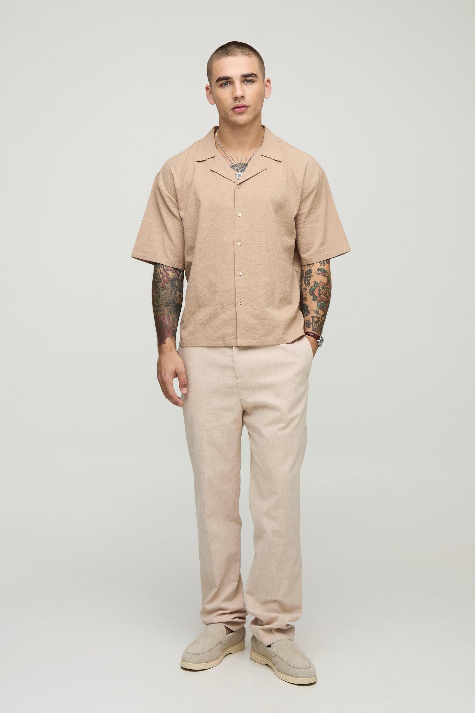 Oversized Boxy Revere Seersucker Shirt | boohooMAN USA Product Image