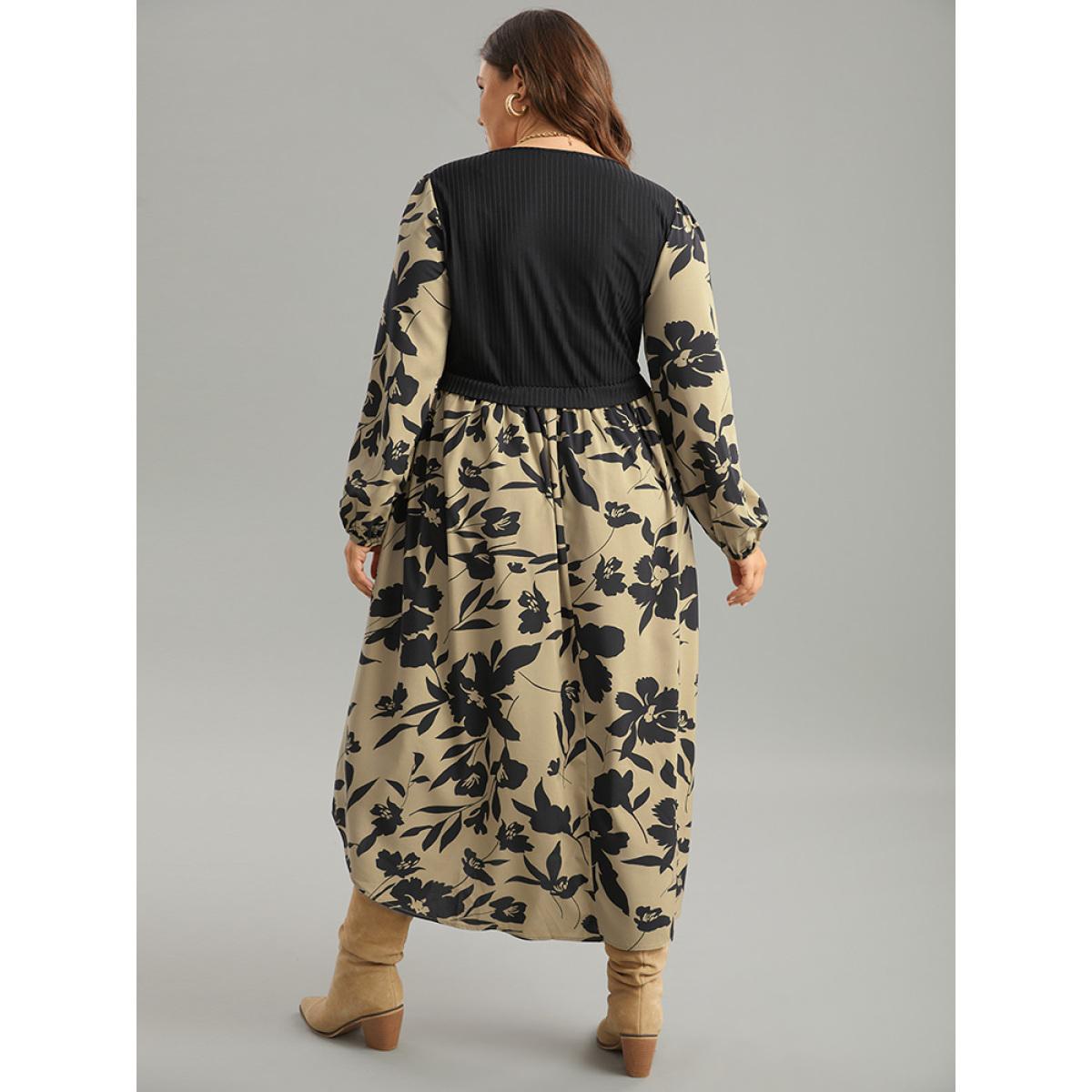 Plus Size Silhouette Floral Print Rib Knit Patchwork Dress LightBrown Women Elegant Elastic cuffs V-neck Long Sleeve Curvy Midi Dress BloomChic 18-20/2X Product Image