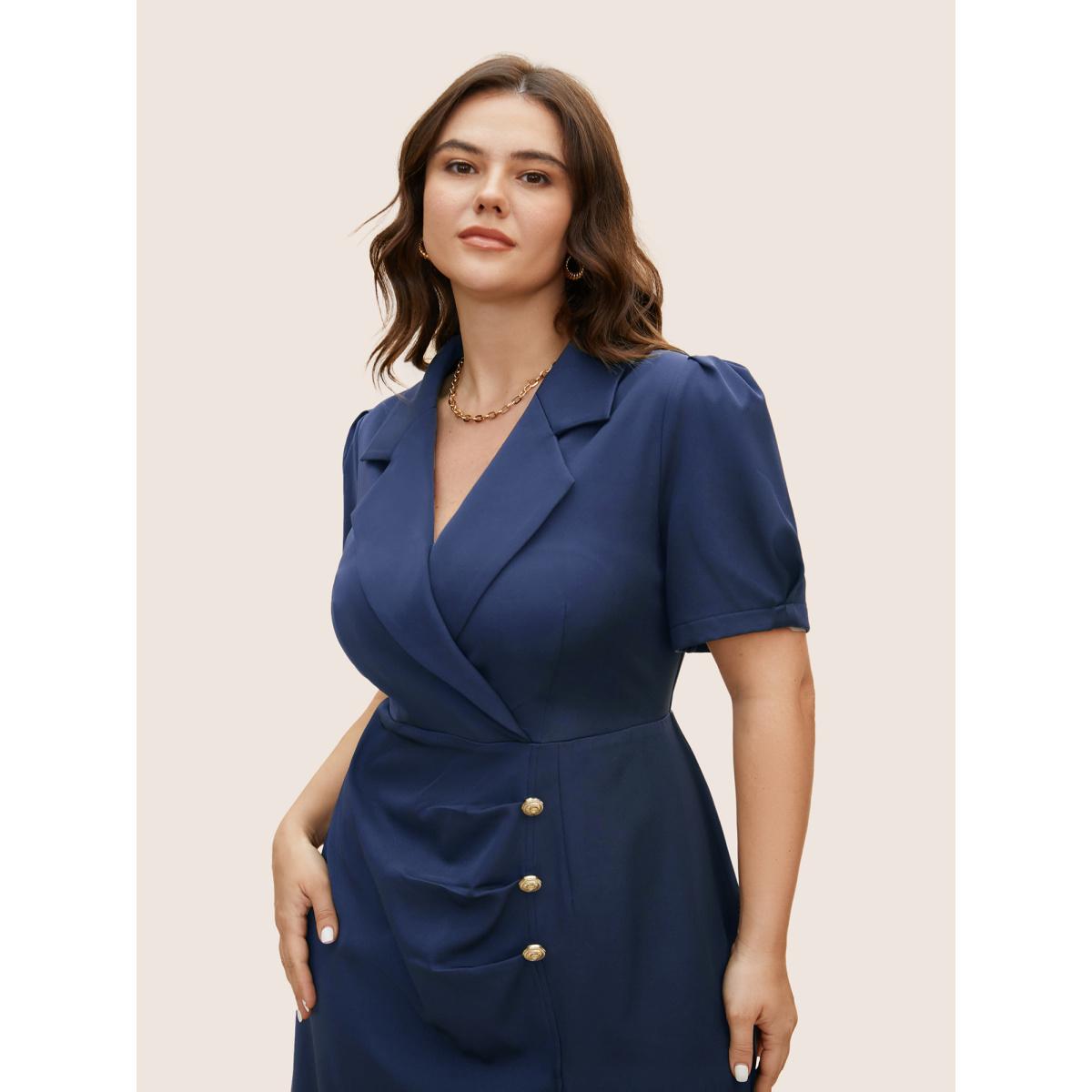 Plus Size Suit Collar Metal Detail Lantern Sleeve Dress Mediumblue Women Workwear Essentials Button Suit Collar Sleeveless Curvy BloomChic 26/4X Product Image