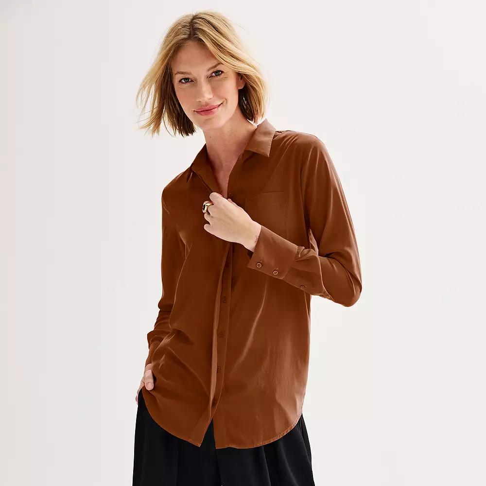 Women's Nine West Drapey Button Down Shirt, Size: XS, Bittersweet Brown Product Image