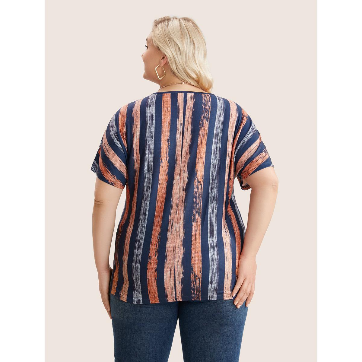 Plus Size Striped Contrast Dolman Sleeve V Neck T-shirt OrangeRed Women Casual Striped V-neck Everyday T-shirts BloomChic 26/4X Product Image