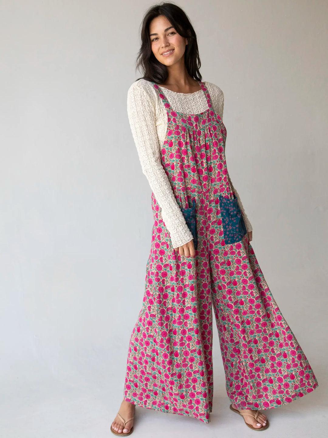 Dakota Tie Overall - Pink Puff Floral Cotton Product Image