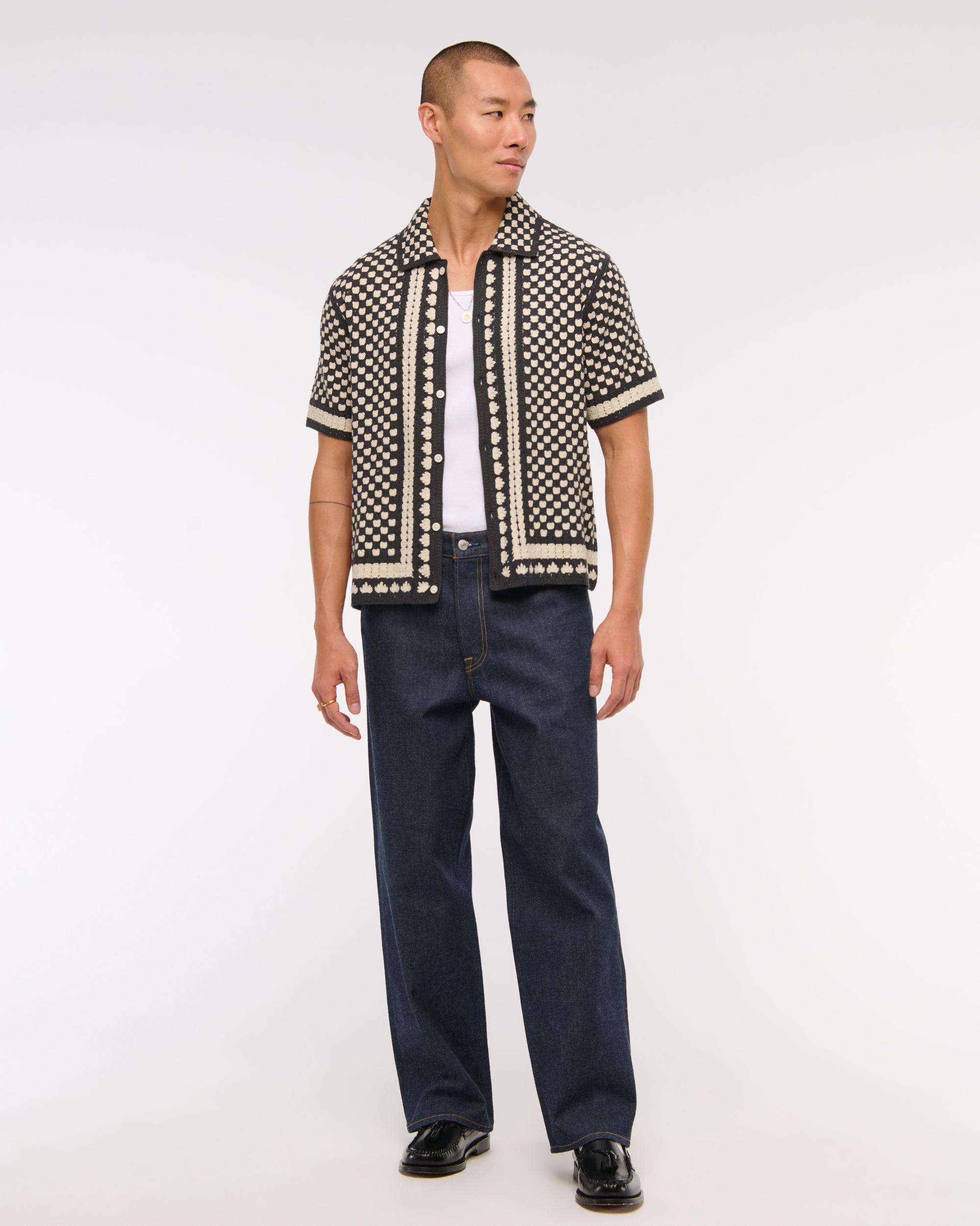 Crochet-Style Border Stripe Button-Through Sweater Polo Product Image