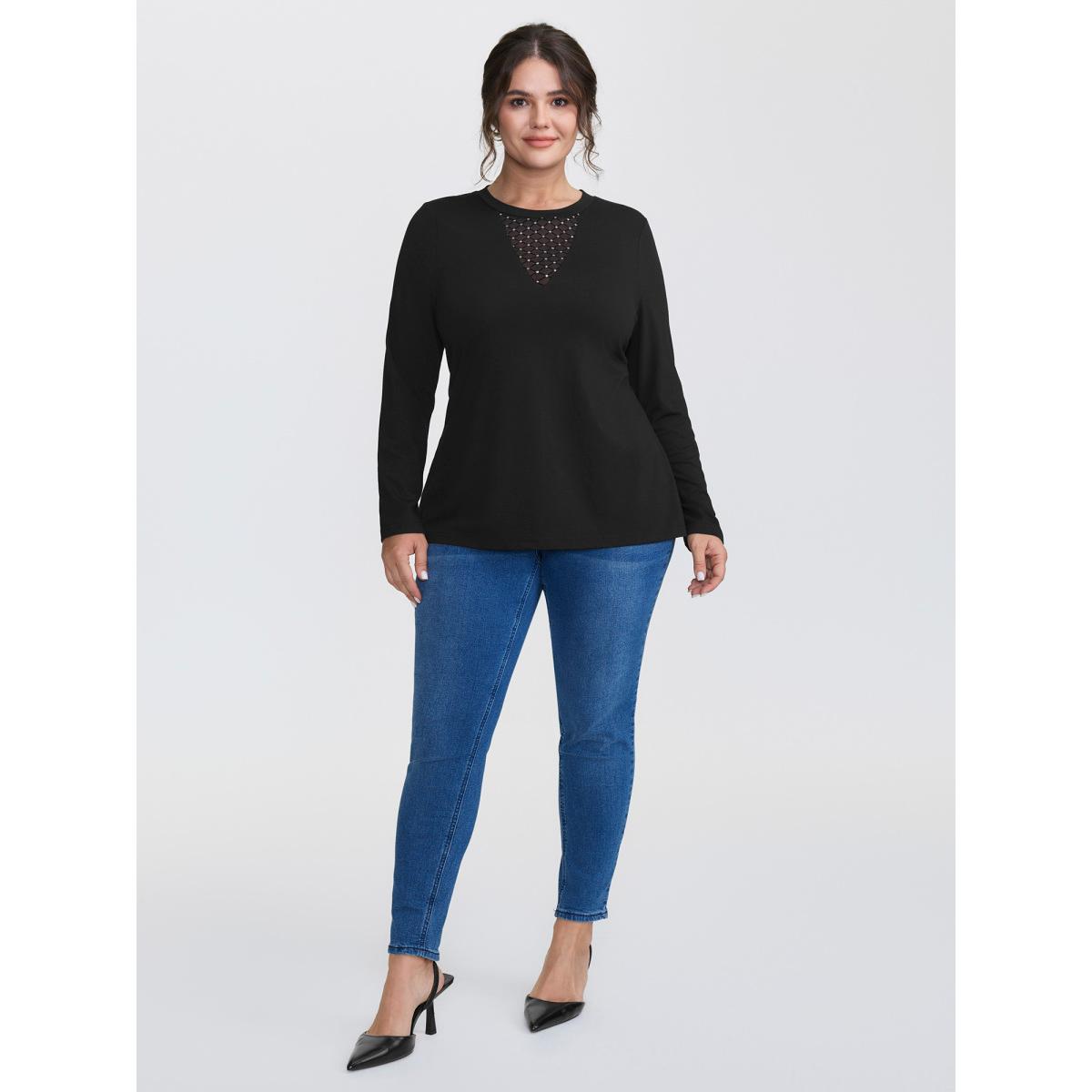 Plus Size Sheer Mesh Sequin Fitted T-Shirt Black Women Timeless Round Neck Bodycon Elegant T-shirts BloomChic 28/5X Product Image