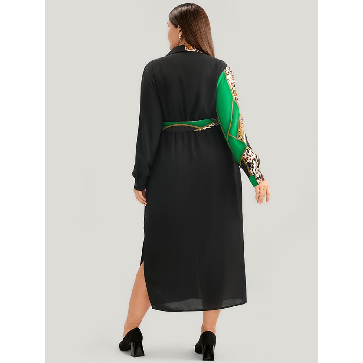 Plus Size Chain Print Shirt Collar Pocket Split Belted Button Up Dress Green Women Office Printed Shirt collar Curvy Midi Dress BloomChic 22-24/3X Product Image