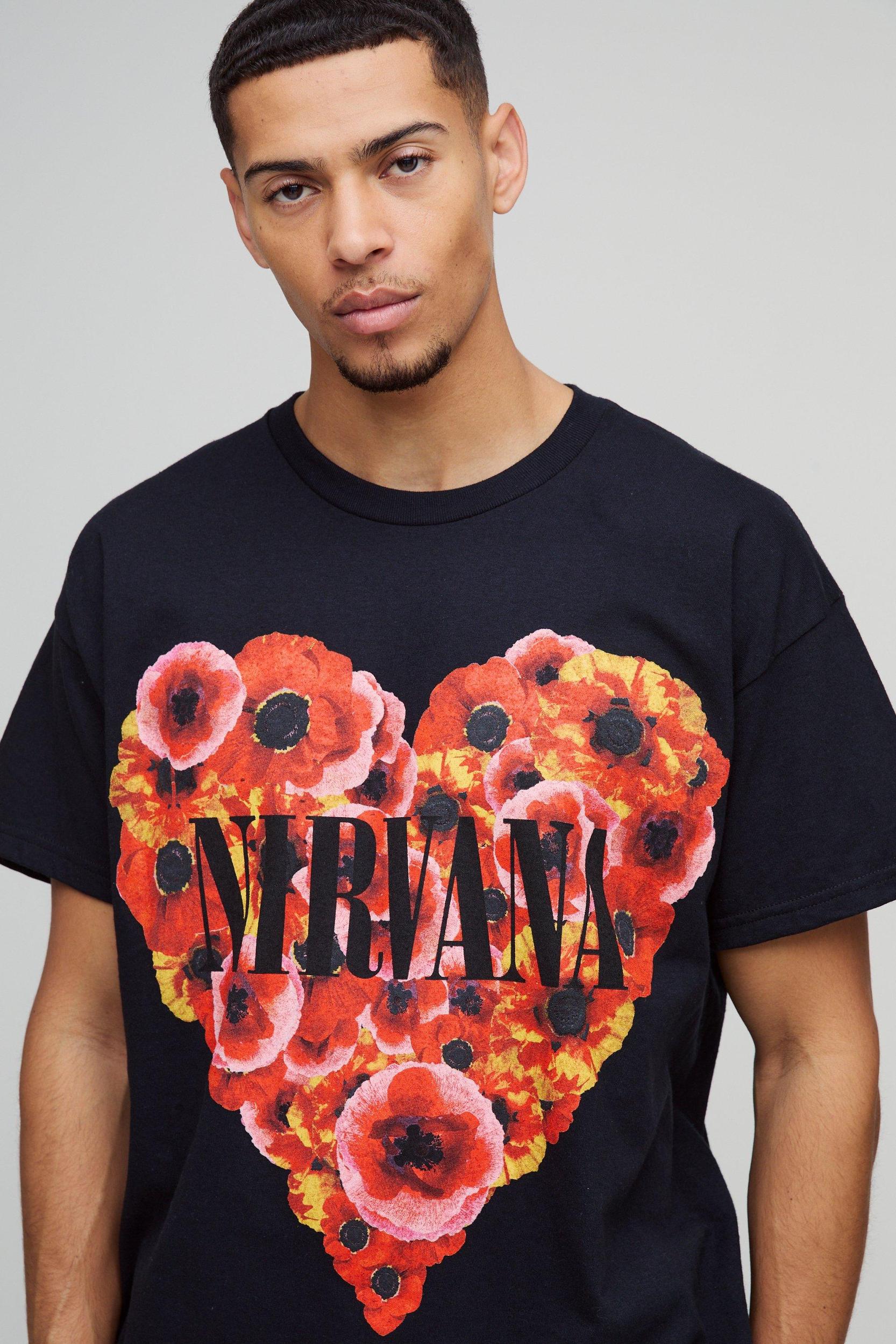 Oversized Nirvana Floral Heart License T-Shirt | boohooMAN USA Product Image