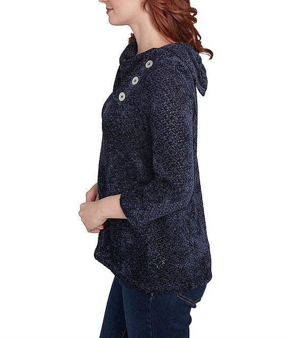 Ruby Rd. Sequin Chenille Knit Cowl Asymmetrical Neck 3/4 Sleeve Sweater Product Image