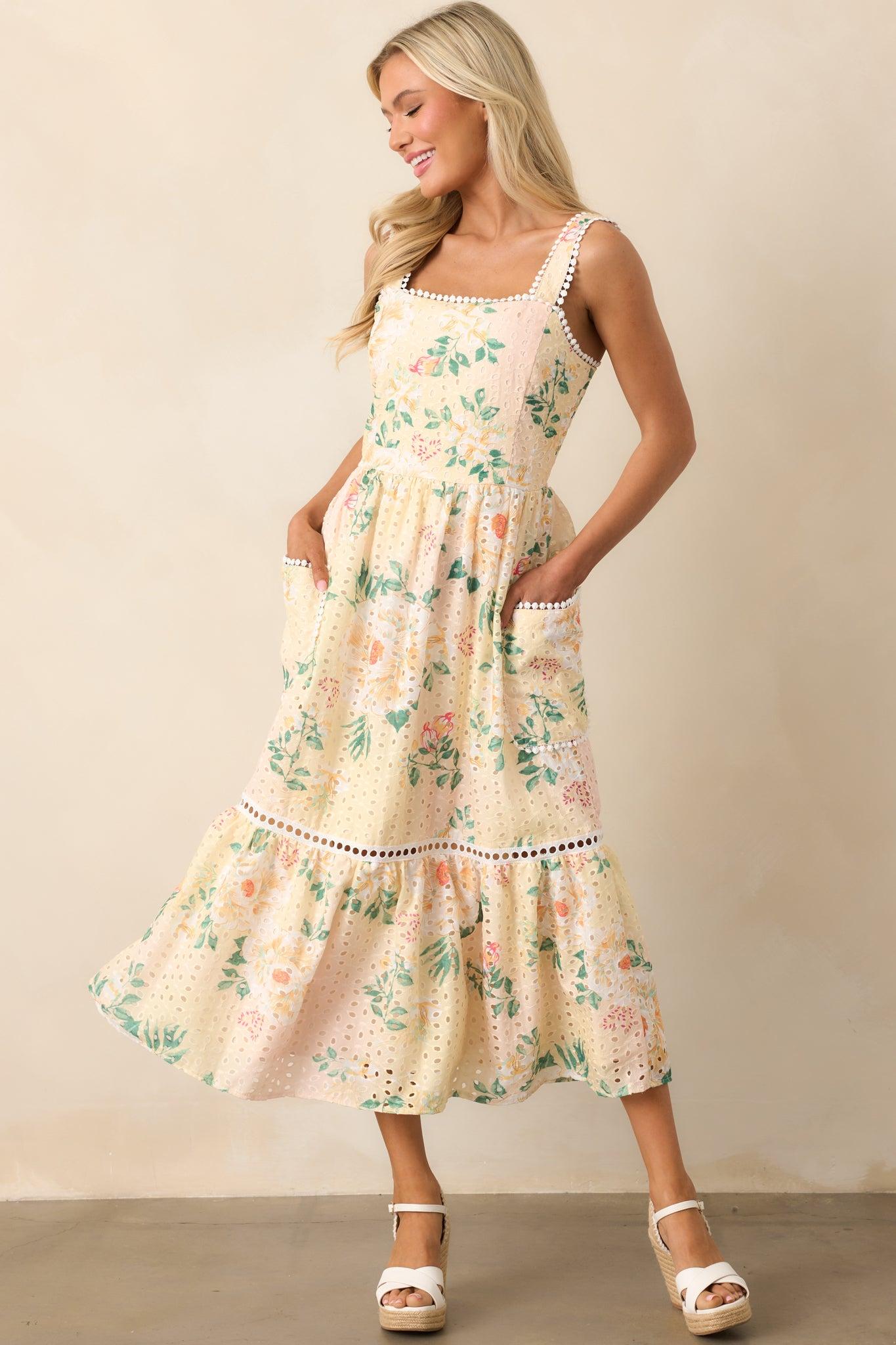 Champagne Toast Yellow Floral Embroidered Midi Dress Product Image