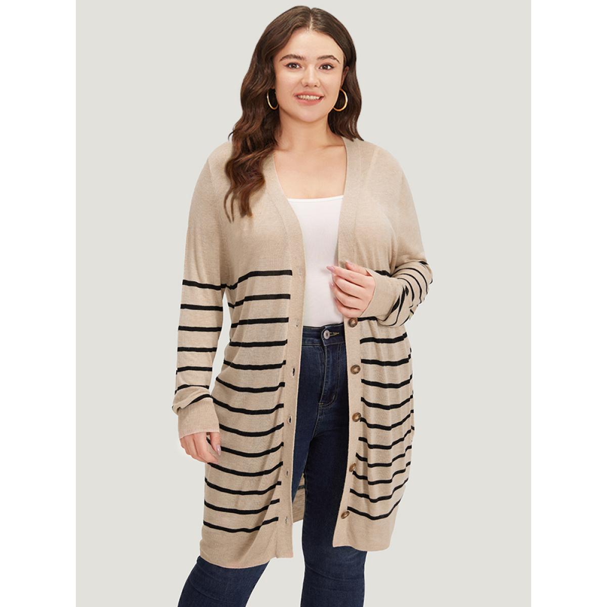 Plus Size Supersoft Essentials Striped Button Fly Tunic Cardigan Champagne Women Casual Loose Long Sleeve Dailywear Cardigans BloomChic 12/L Product Image