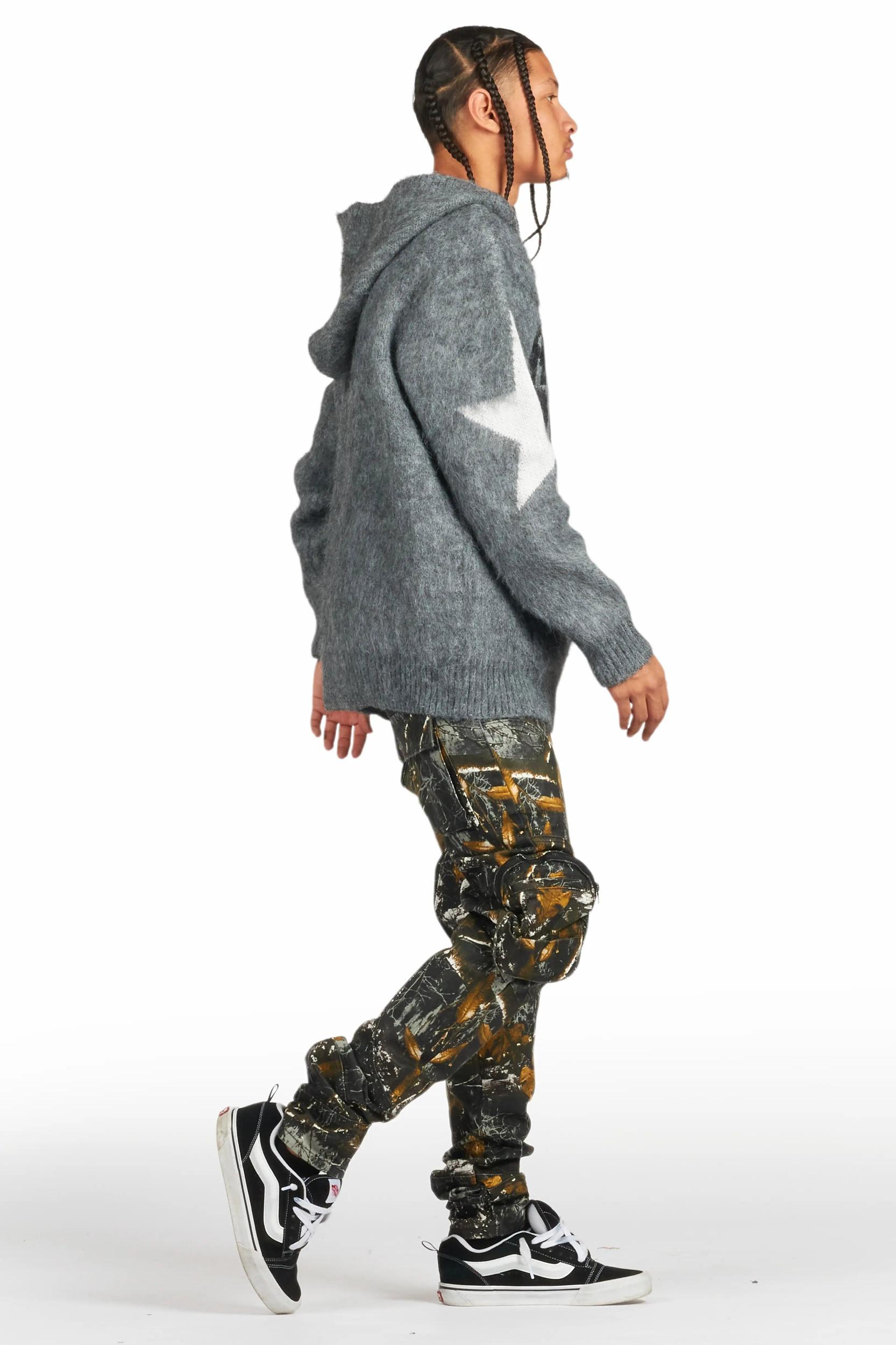 States Grey Graphic Knitted Mohair Hoodie Male Product Image