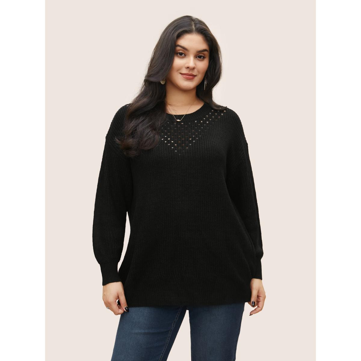 Plus Size Plain Round Neck Hollow Out Drop Shoulder Pullover Black Women Casual Loose Long Sleeve Round Neck Dailywear Pullovers BloomChic 28/5X Product Image