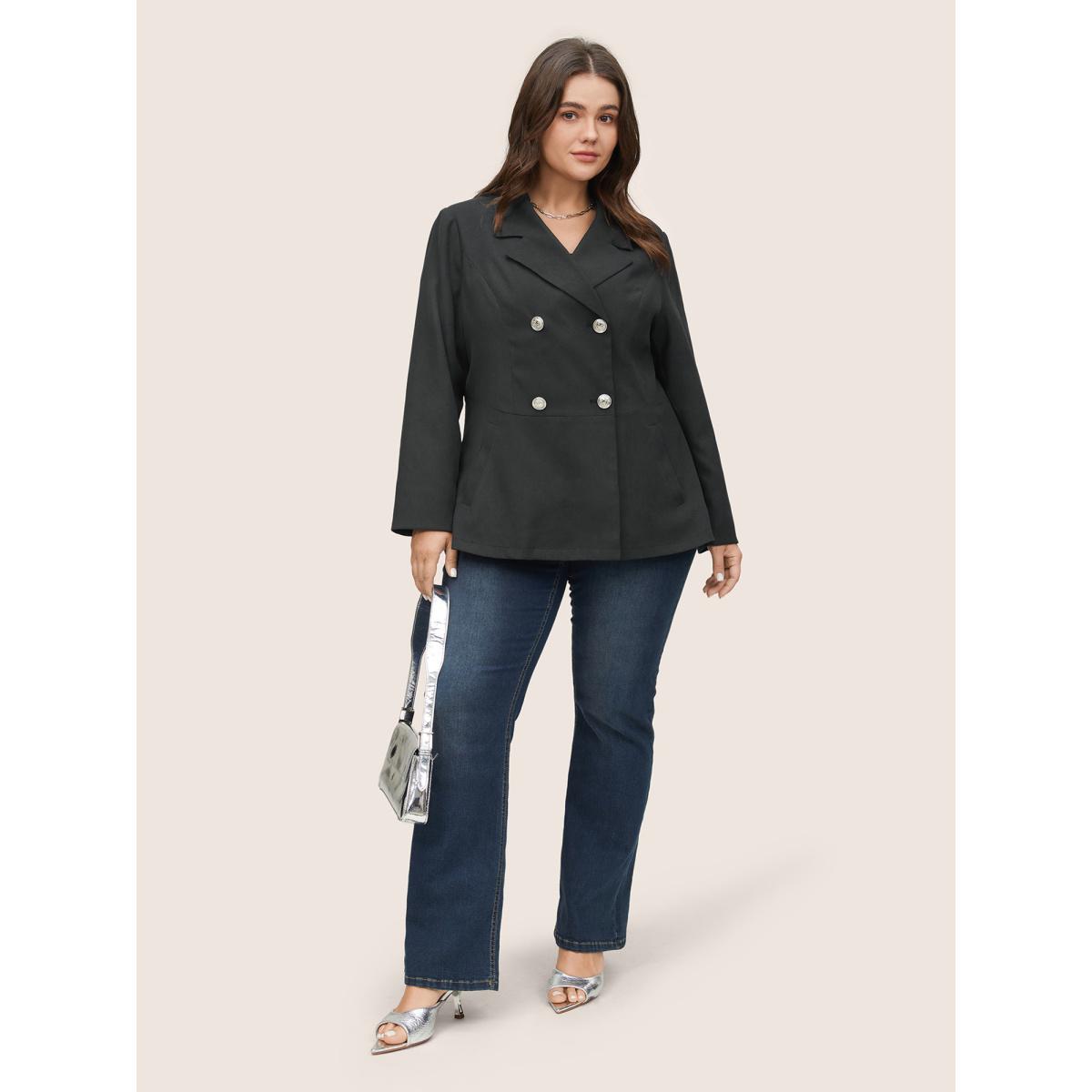 Plus Size Suit Collar Double Breasted Metal Detail Blazer Midnight Women Office Plain Non Sleeve Long Sleeve Suit Collar 28/5X Slanted pocket At the Office Blazers BloomChic Product Image