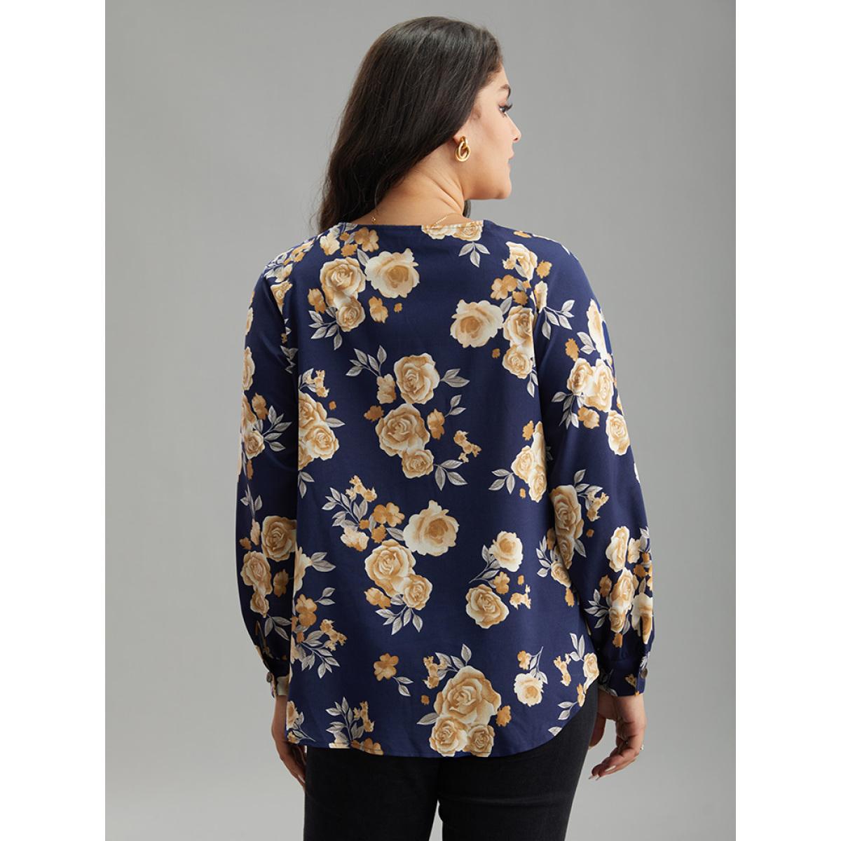 Plus Size Indigo Floral Print Lace Up Button Down Blouse Women Elegant Long Sleeve Tie Neck Dailywear Blouses BloomChic 10/M Product Image