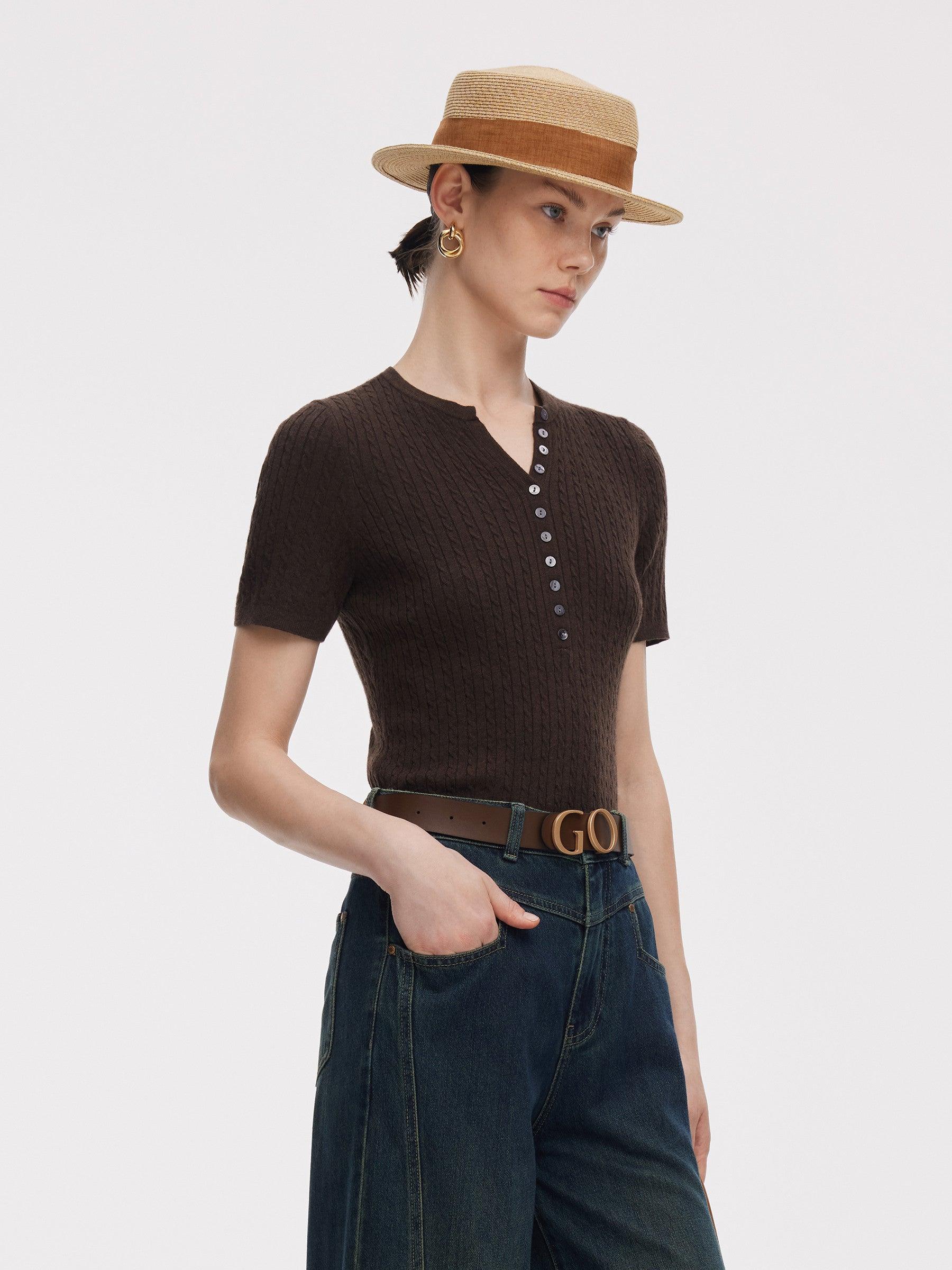 Henley Neck Women Knit Top Product Image