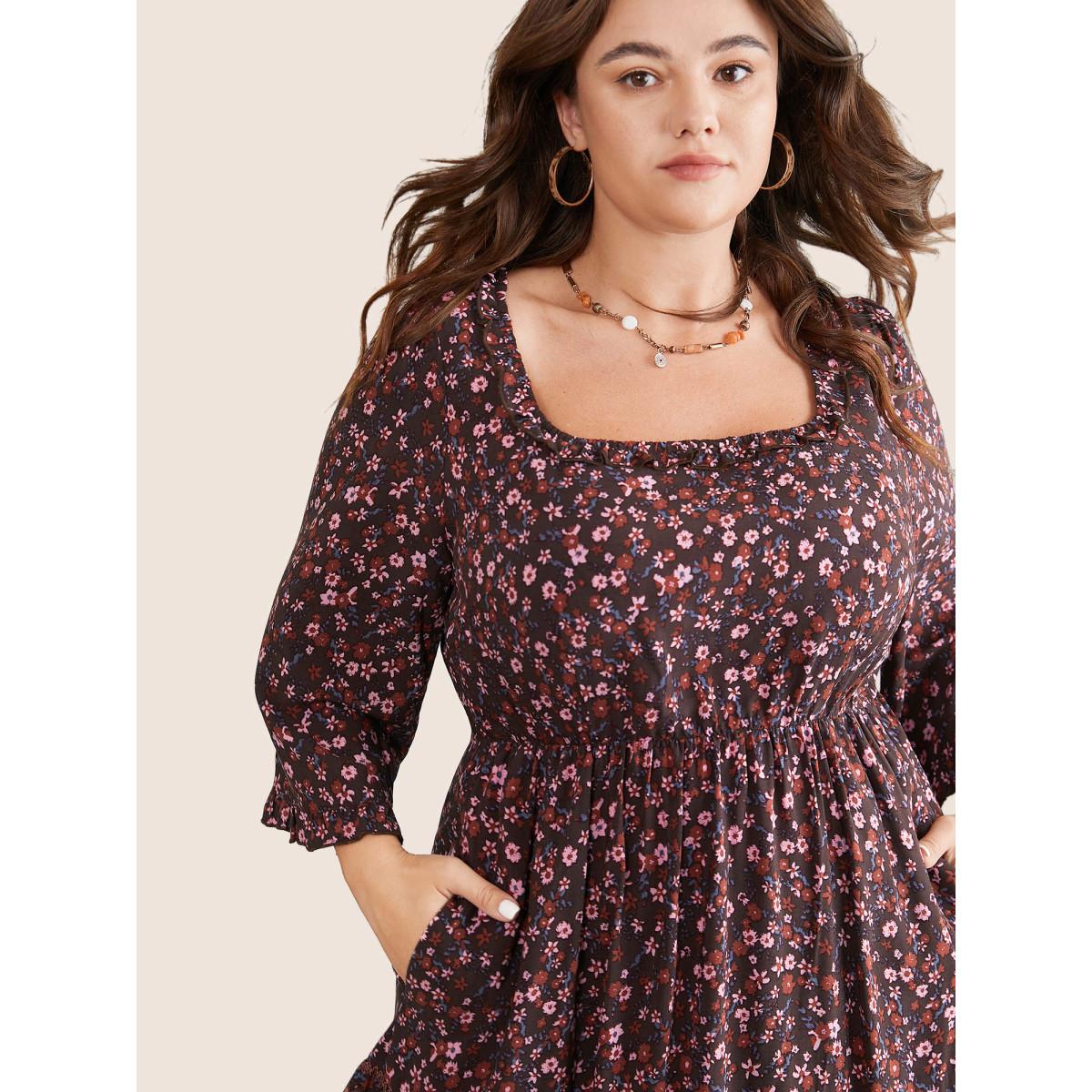 Plus Size Ditsy Floral Patchwork Square Neck Frill Trim Dress Russet Women Vacation Elastic cuffs Square Neck Elbow-length sleeve Curvy Midi Dress BloomChic 10/M Product Image