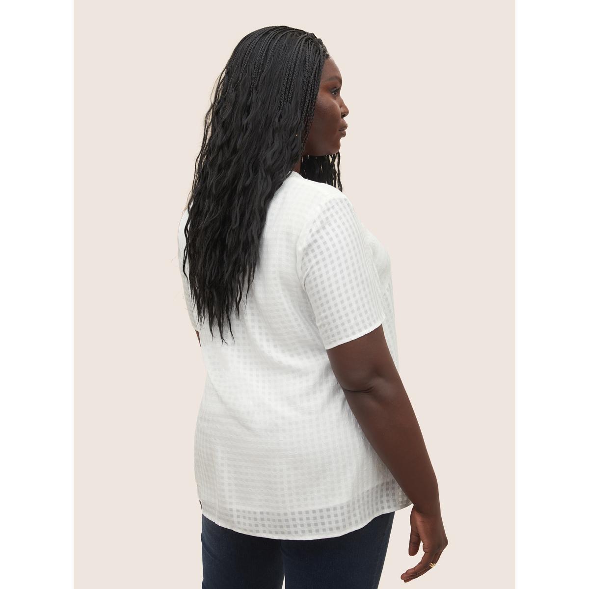 Plus Size Ivory Solid Textured Chiffon Mesh Tie Neck Blouse Women At the Office Short sleeve Ribbon-tied collar Office Blouses BloomChic 22-24/3X Product Image