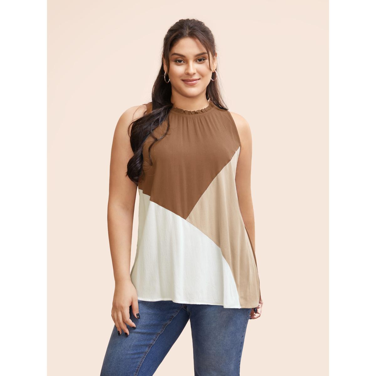 Plus Size Colorblock Contrast Frill Trim Gathered Tank Top Women Ivory Casual Contrast Mock Neck Everyday Tank Tops Camis BloomChic 30/6X Product Image