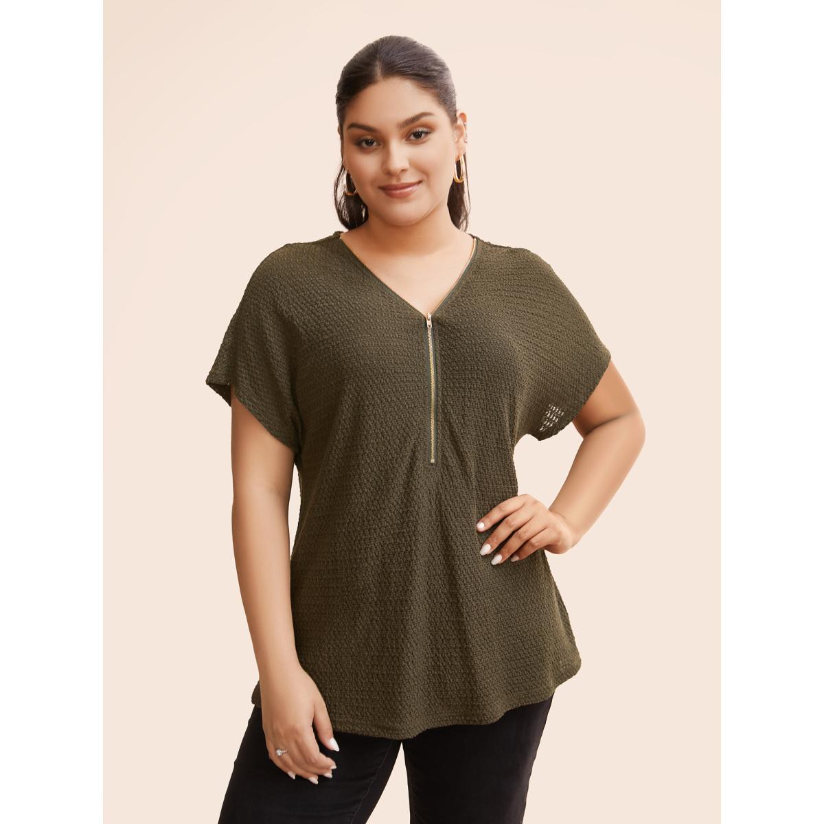 Plus Size Texture Half Zip Batwing Sleeve T-shirt ArmyGreen Women Casual Texture V-neck Everyday T-shirts BloomChic 10/M Product Image