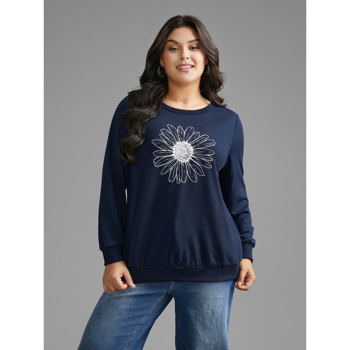 Plus Size Floral Print Crew Neck Sweatshirt Women Indigo Casual Non Round Neck Everyday Sweatshirts BloomChic 18-20/2X Product Image