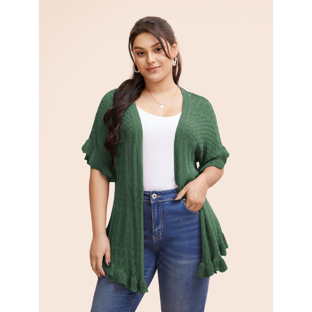 Plus Size Plain Ruffles Pointelle Knit Cardigan DarkGreen Women Casual Loose Short sleeve Everyday Cardigans BloomChic 26/4X Product Image