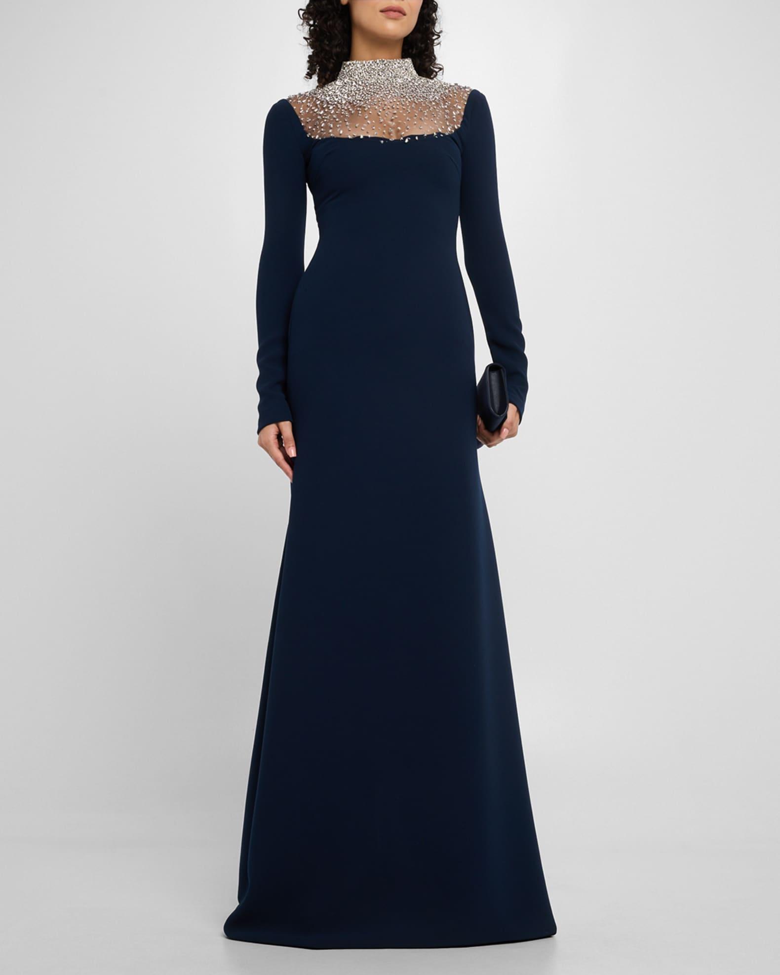 Crystal Beaded Crepe Long-Sleeve Illusion Gown Product Image