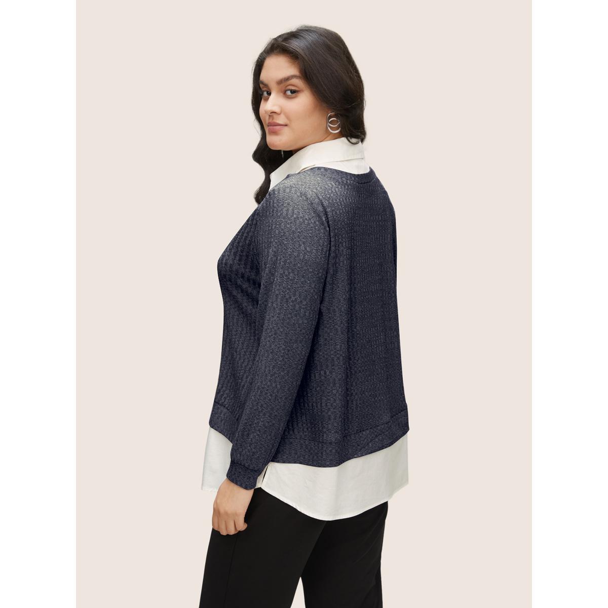 Plus Size 2-In-1 Patchwork Shirt Collar Sweatshirt Women Indigo At the Office Contrast Shirt collar Office Sweatshirts BloomChic 18-20/2X Product Image