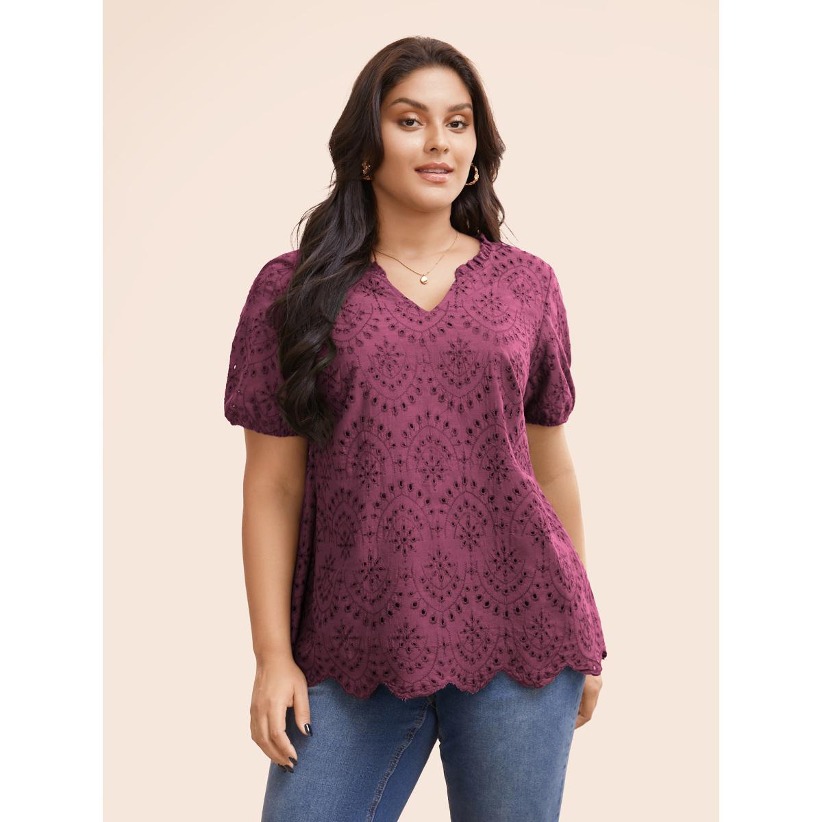Plus Size RedViolet Notched Broderie Anglaise Frill Trim Blouse Women Elegant Short sleeve Notched collar Everyday Blouses BloomChic 18-20/2X Product Image