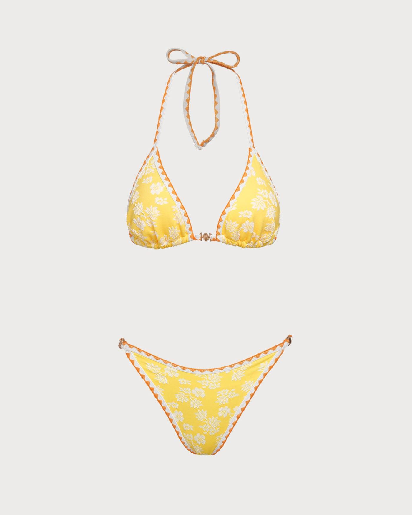Yellow Jacquard Halter Bikini Set Product Image