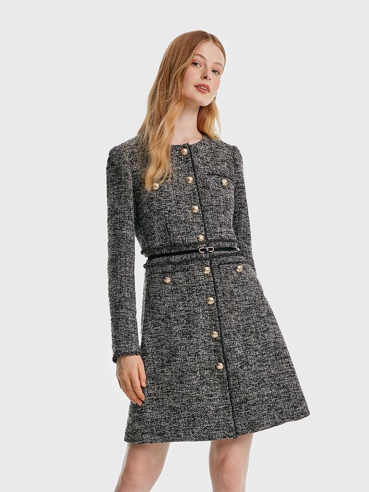 Round Neck Tweed Dress With Belt Product Image