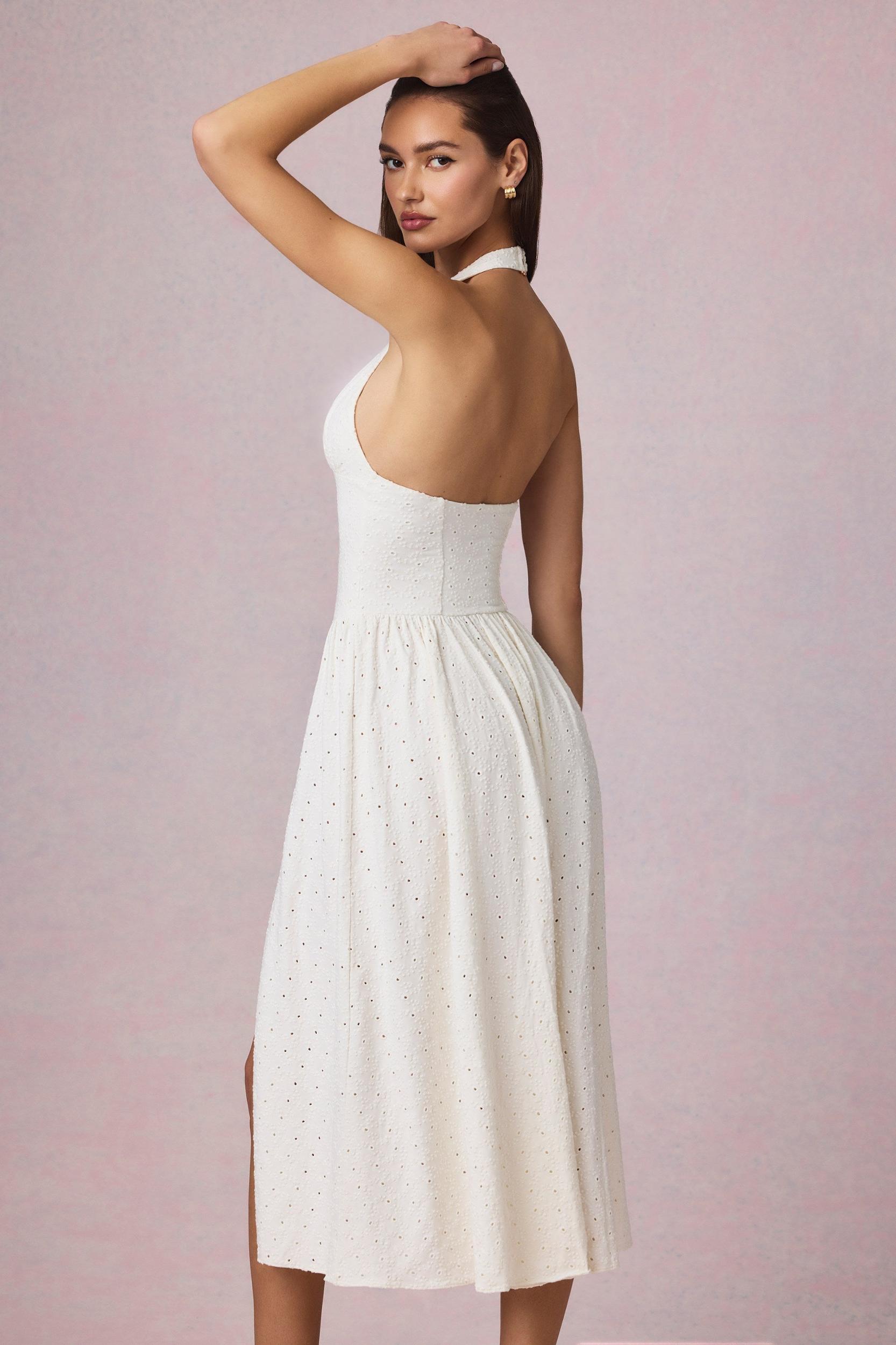 Broderie Anglaise Halterneck Midaxi Dress in White Product Image