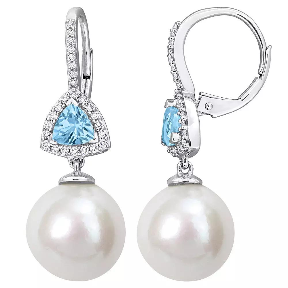 Stella Grace 14k White Gold Freshwater Cultured Pearl, Sky Blue Topaz & 1/4 Carat T.W. Diamond Drop Leverback Earrings, Women's Product Image