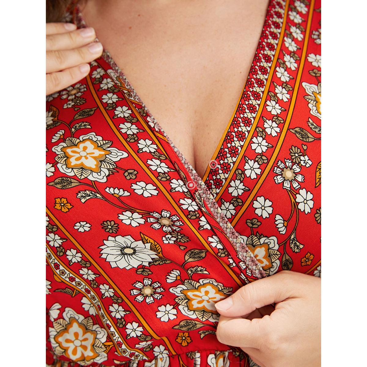 Plus Size Floral Split Pocket Wrap Lantern Sleeve Ruffled Maxi Dress Red Women Vacation Wrap V-neck Long Sleeve Curvy Long Dress BloomChic 12/L Product Image