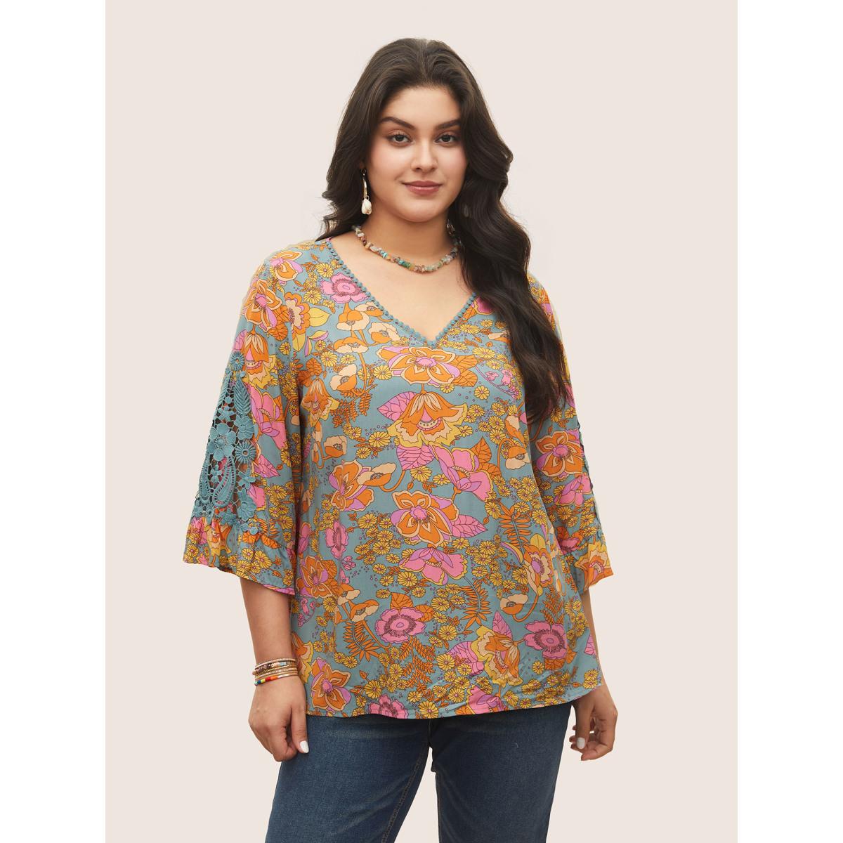Plus Size Stone Boho Print Guipure Lace Ruffles Blouse Women Boho Elbow-length sleeve V-neck Vacation Blouses BloomChic 28/5X Product Image