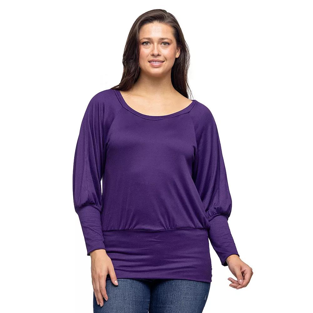 Women's 24Seven Comfort Apparel Round Neck Long Blouson Sleeve Banded Bottom Top,  Product Image