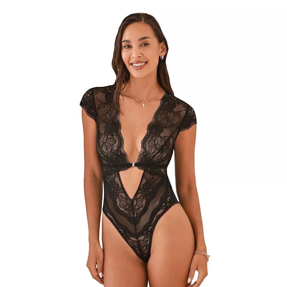 Cupshe Black Sheer Lace Cap Sleeve Bodysuit, Women's, Size: Small Product Image