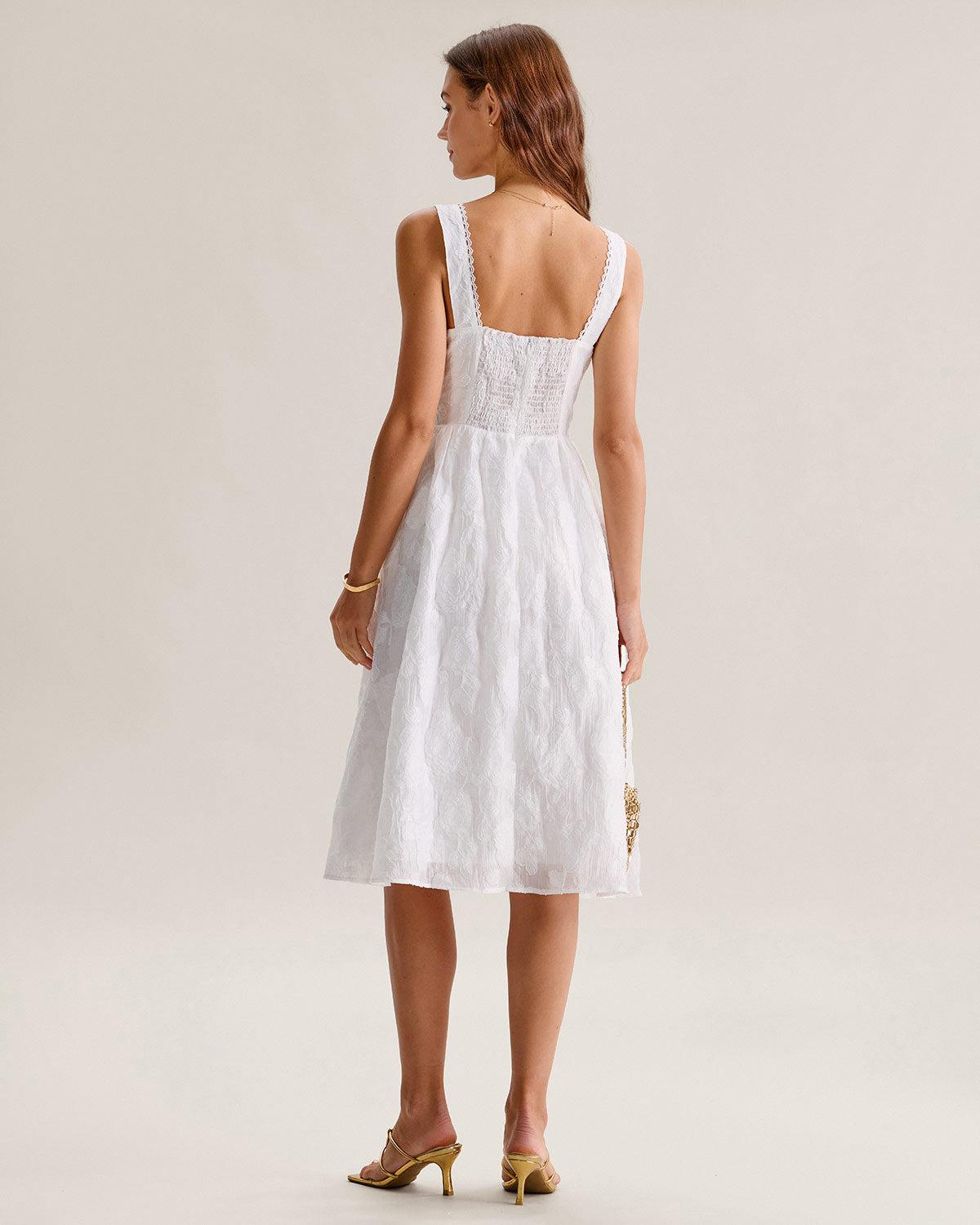 White Jacquard Shirred Slip Midi Dress Product Image