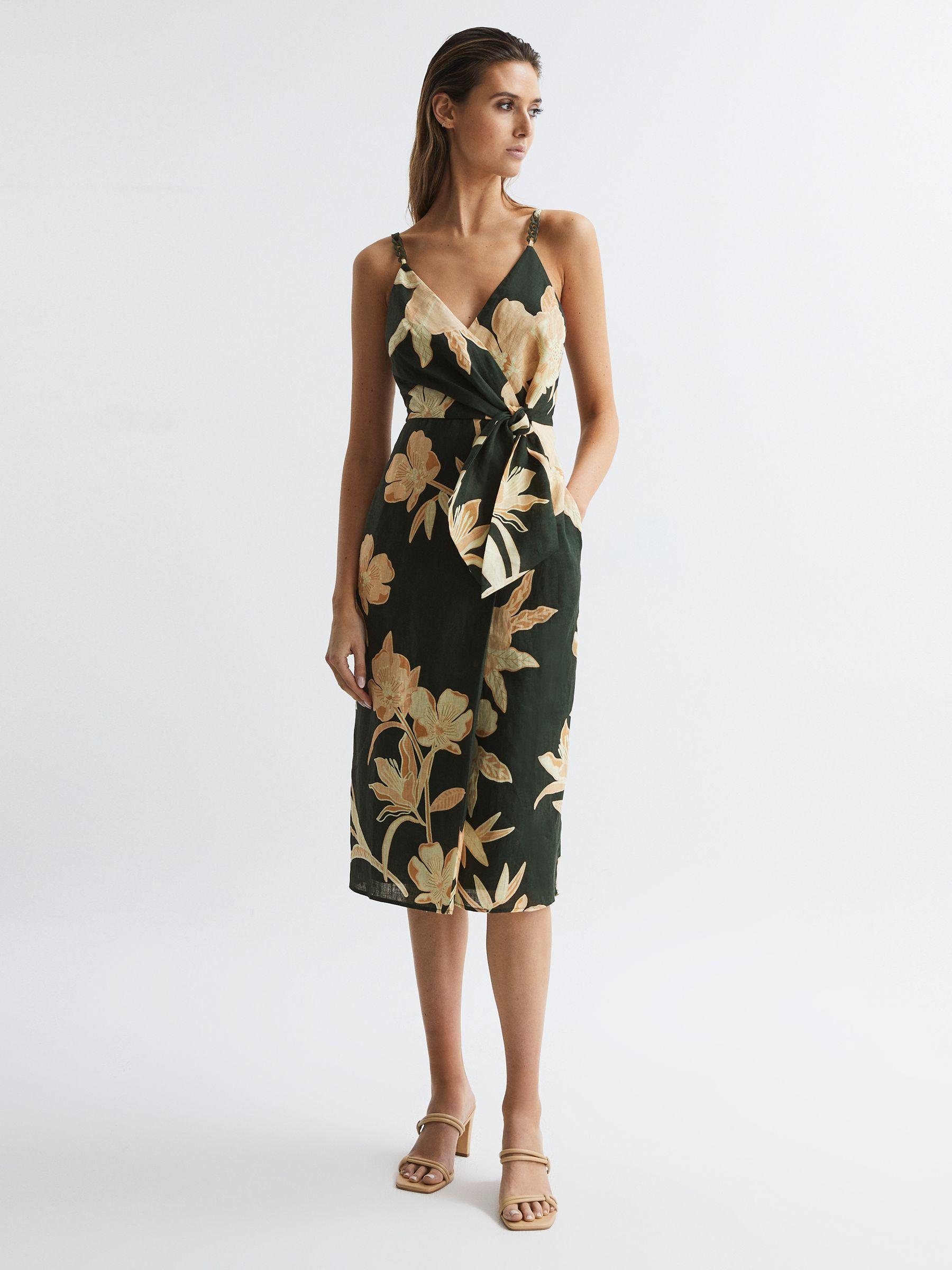 Fitted Floral Print Midi Dress in Khaki Product Image