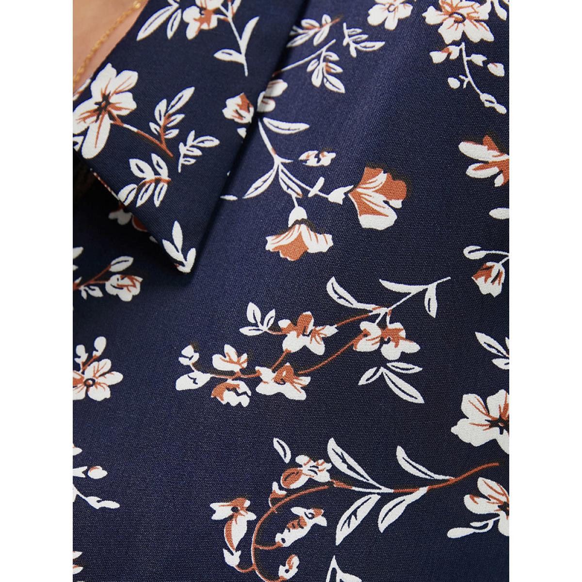 Plus Size Ditsy Floral Pocket Lantern Sleeve Belted Shirt Collar Dress Navy Women Elegant Button Shirt collar Long Sleeve Curvy Midi Dress BloomChic 26/4X Product Image