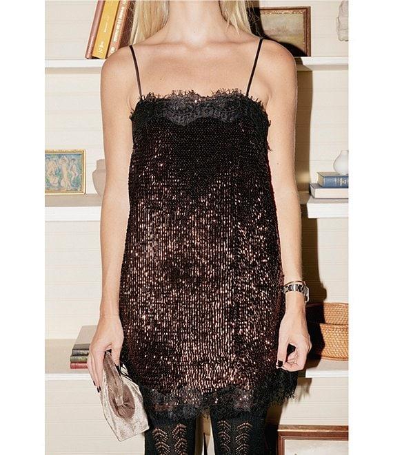Gianni Bini x Lilly Sisto Tinsley Sequin Lace Trim Square Neck Spaghetti Strap Slip Mini Dress Product Image