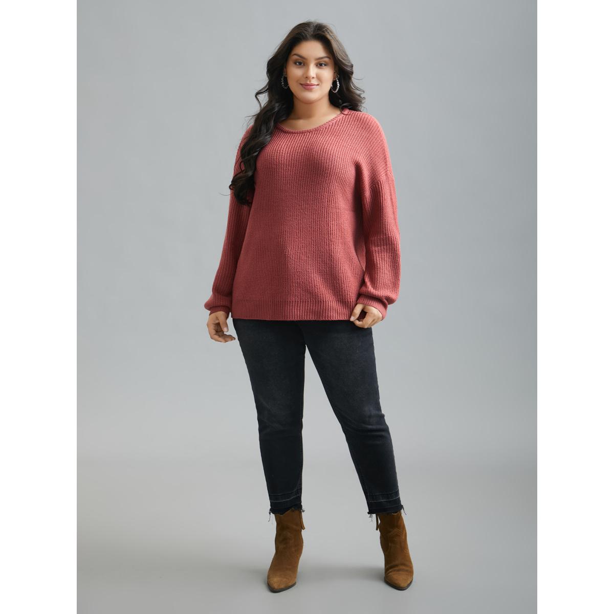 Plus Size Open Wrap Back Textured Tied Pullover Rust Women Casual Loose Long Sleeve Round Neck Everyday Pullovers BloomChic 28/5X Product Image