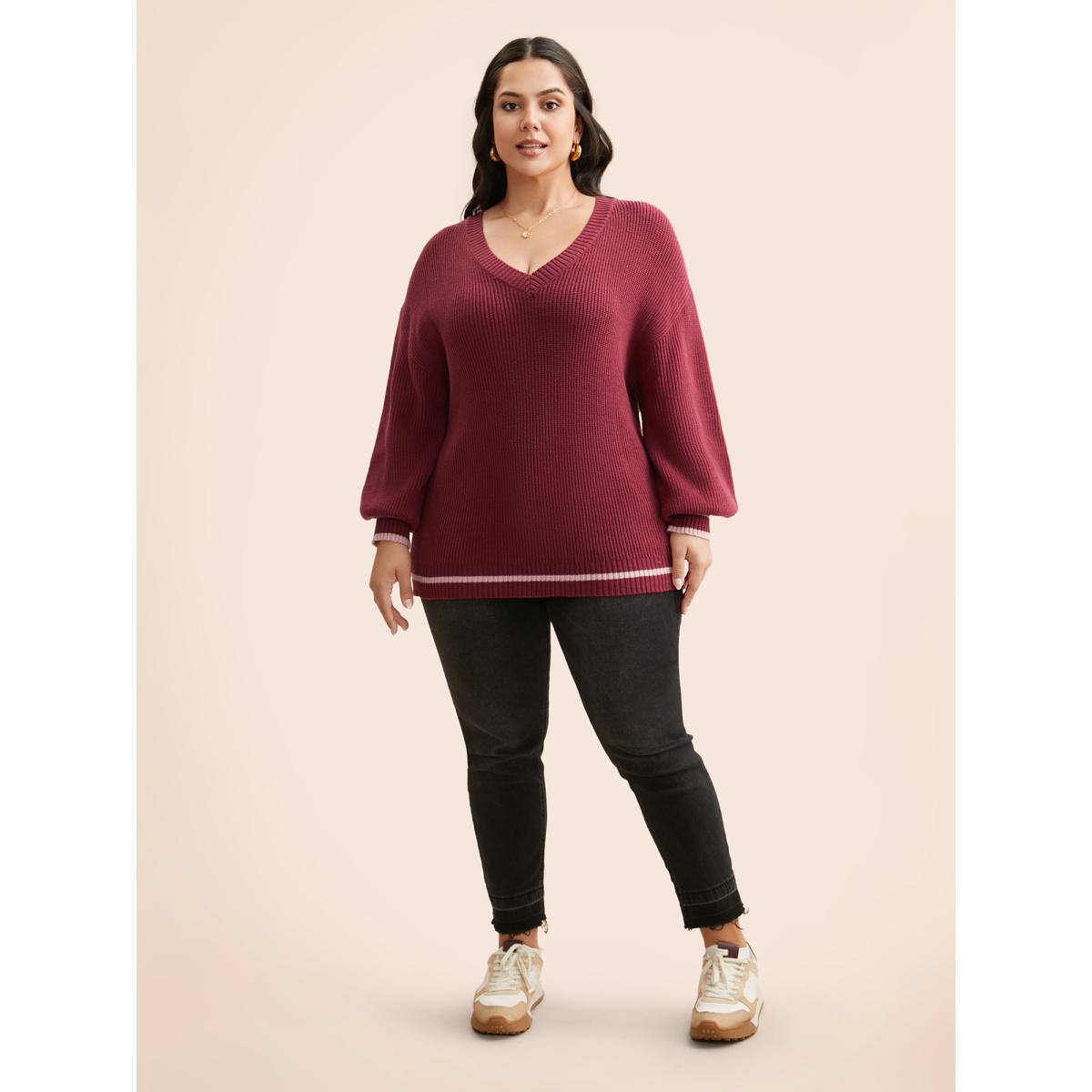 Plus Size Supersoft Essentials V Neck Contrast Trim Pullover Burgundy Women Leisure Long Sleeve V-neck Casual Pullovers BloomChic 28/5X Product Image