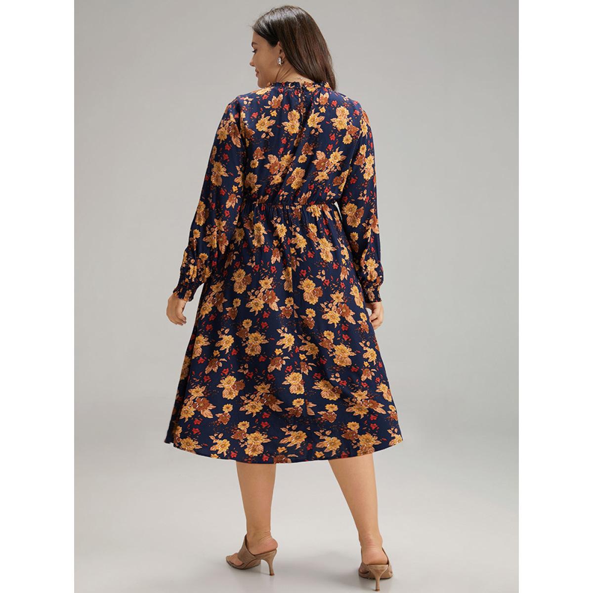 Plus Size Supersoft Essentials Floral Print Mock Neck Dress DarkBlue Women Elegant Printed Mock Neck Long Sleeve Curvy Midi Dress BloomChic 30/6X Product Image