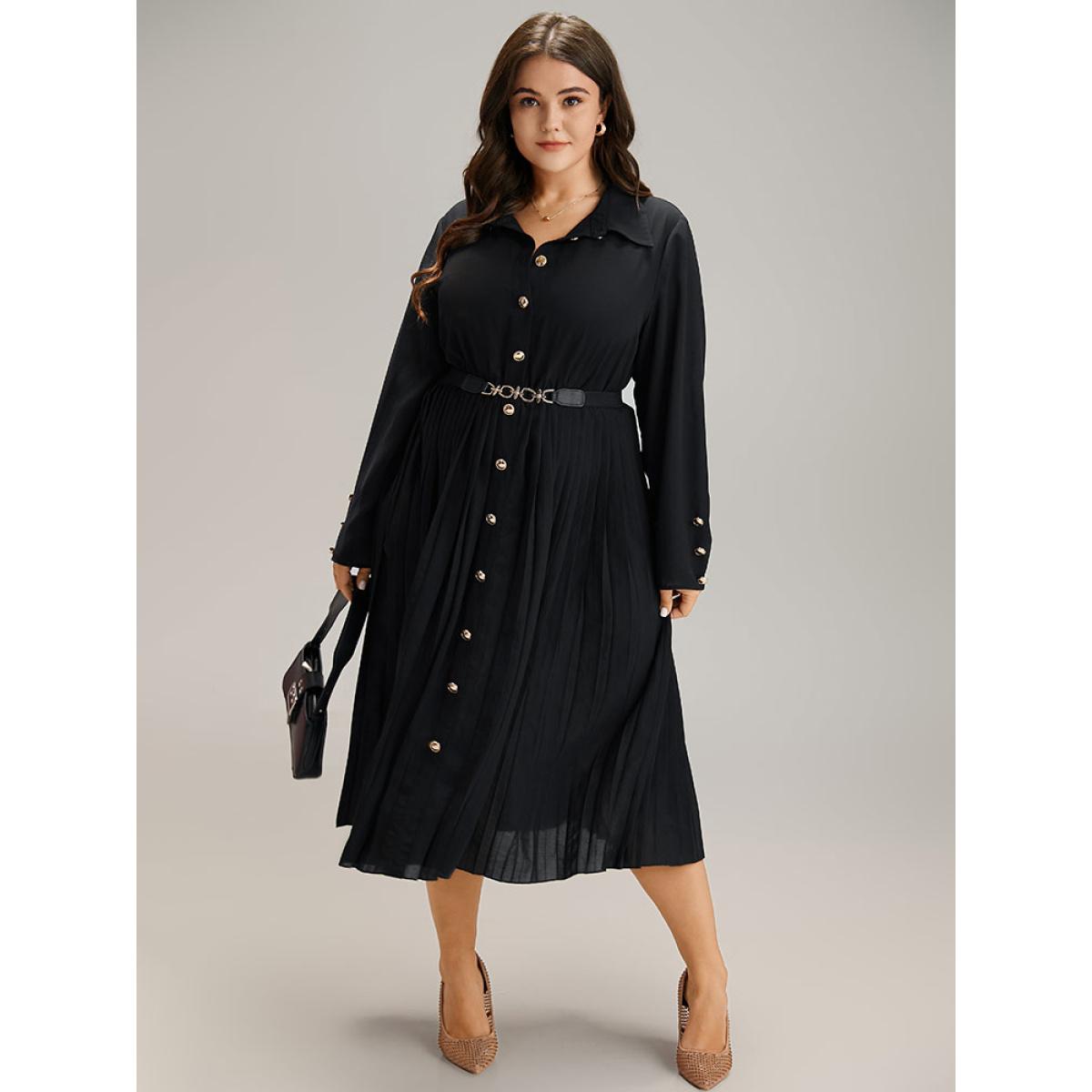 Plus Size Solid Shirt Collar Pleated Metal Detail Dress Black Women Office Plain Shirt collar Long Sleeve Curvy Midi Dress BloomChic 14-16/1X Product Image
